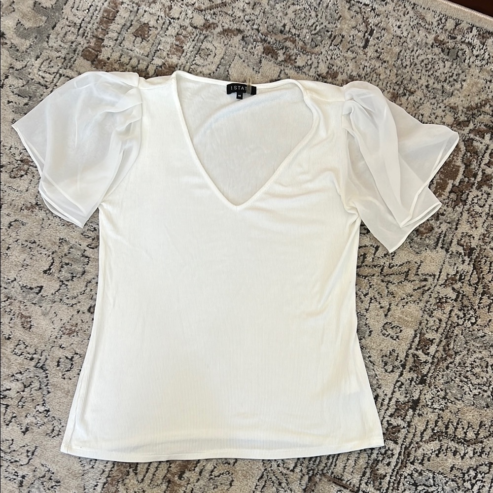 White V-Neck Top with Sheer Sleeves